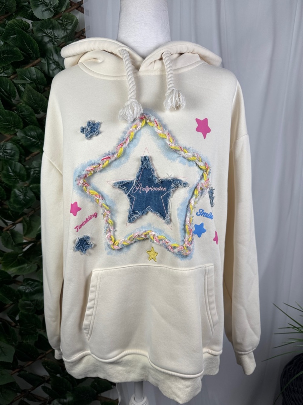 Aelfric Eden Cream Hoodie with Denim Star and Multicolor Trim